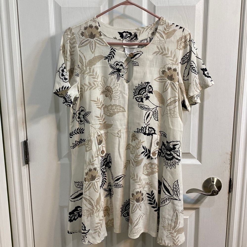 Artex Vintage Linen Blend Tropical Floral Black Cream Women’s Shirt Tunic Small